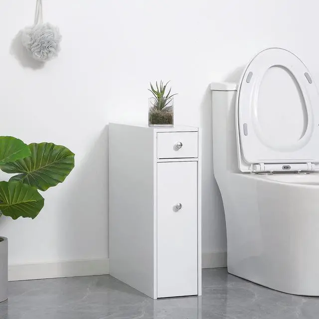 Alt view image 2 of 7 - Bathroom Floor Organizer Free Standing Narrow Storage Cabinet White | Wooden, Space Saving, Bath Toilet Paper Holder, with Drawers