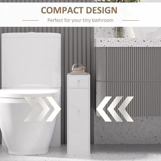 Alt view image 4 of 7 - Bathroom Floor Organizer Free Standing Narrow Storage Cabinet White | Wooden, Space Saving, Bath Toilet Paper Holder, with Drawers