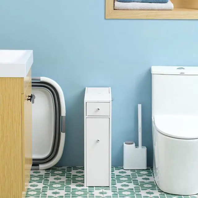 Alt view image 6 of 7 - Bathroom Floor Organizer Free Standing Narrow Storage Cabinet White | Wooden, Space Saving, Bath Toilet Paper Holder, with Drawers
