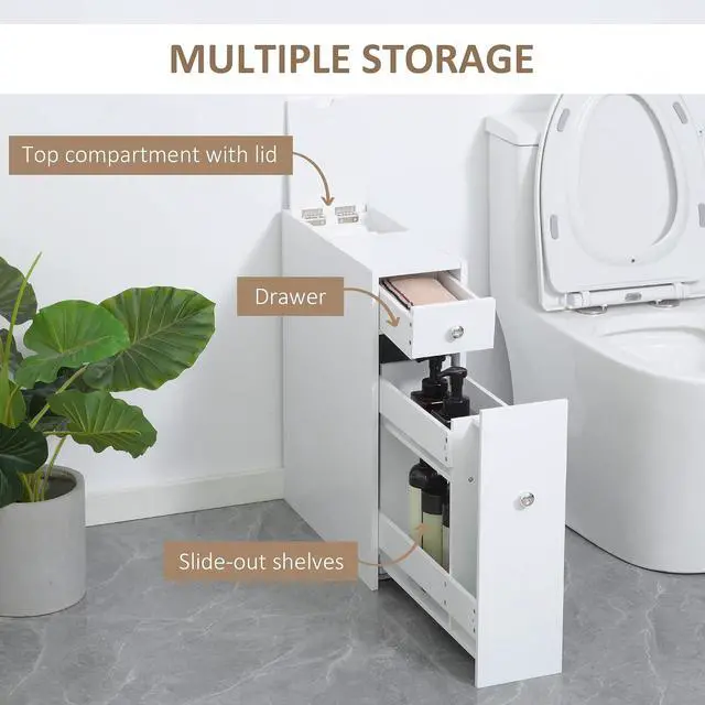 Alt view image 5 of 7 - Bathroom Floor Organizer Free Standing Narrow Storage Cabinet White | Wooden, Space Saving, Bath Toilet Paper Holder, with Drawers