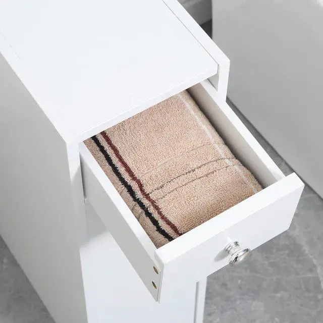 Alt view image 7 of 7 - Bathroom Floor Organizer Free Standing Narrow Storage Cabinet White | Wooden, Space Saving, Bath Toilet Paper Holder, with Drawers