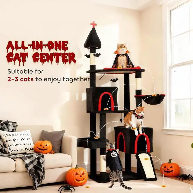 Alt view image 3 of 7 - PawHut Gothic Cat Tree 78" Extra Tall Cat Tower, Indoor Kittens, Black&Red | 2 Spacious Condos, Sisal Scratching Posts, 4 Bat Hanging Balls, Comfy Hammock, Ramp, Bed
