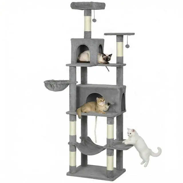 Main image of PawHut Cat Tree 80" Large Cat Tower, Indoor Kittens Dark Gray | 2 Spacious Condos, Sisal Scratching Posts, 2 Hanging Balls, Comfy Hammock, Perches, Bed