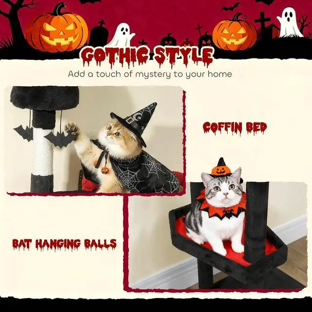 Alt view image 4 of 7 - PawHut Gothic Cat Tree 78" Extra Tall Cat Tower, Indoor Kittens, Black&Red | 2 Spacious Condos, Sisal Scratching Posts, 4 Bat Hanging Balls, Comfy Hammock, Ramp, Bed