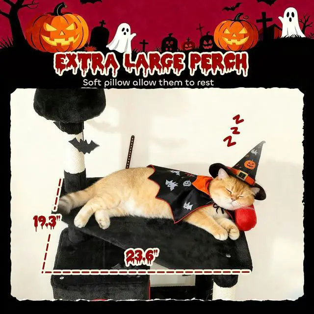 Alt view image 5 of 7 - PawHut Gothic Cat Tree 78" Extra Tall Cat Tower, Indoor Kittens, Black&Red | 2 Spacious Condos, Sisal Scratching Posts, 4 Bat Hanging Balls, Comfy Hammock, Ramp, Bed