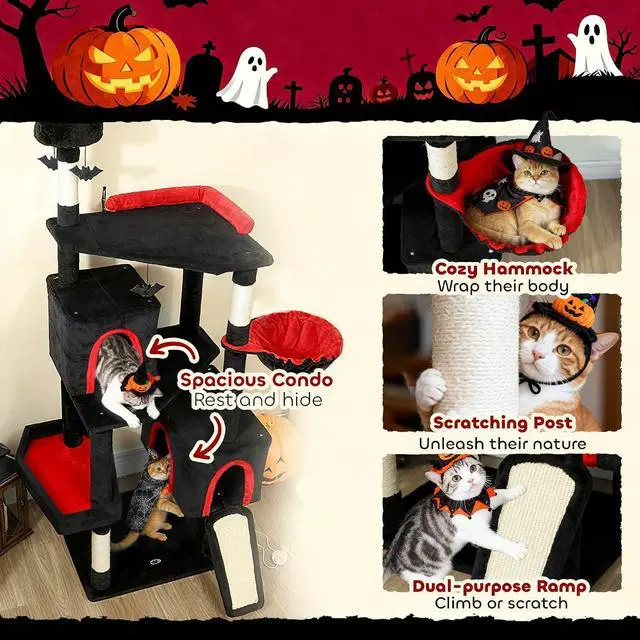 Alt view image 6 of 7 - PawHut Gothic Cat Tree 78" Extra Tall Cat Tower, Indoor Kittens, Black&Red | 2 Spacious Condos, Sisal Scratching Posts, 4 Bat Hanging Balls, Comfy Hammock, Ramp, Bed