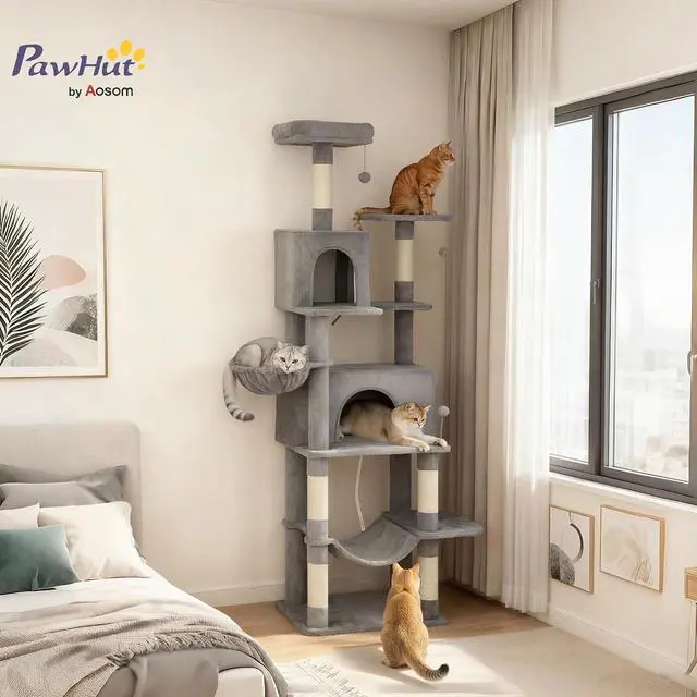 Alt view image 2 of 7 - PawHut Cat Tree 80" Large Cat Tower, Indoor Kittens Dark Gray | 2 Spacious Condos, Sisal Scratching Posts, 2 Hanging Balls, Comfy Hammock, Perches, Bed