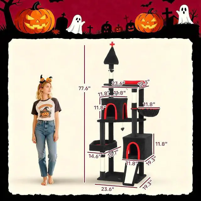 Alt view image 7 of 7 - PawHut Gothic Cat Tree 78" Extra Tall Cat Tower, Indoor Kittens, Black&Red | 2 Spacious Condos, Sisal Scratching Posts, 4 Bat Hanging Balls, Comfy Hammock, Ramp, Bed
