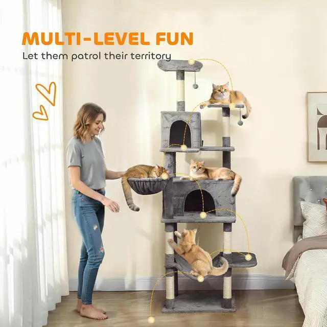 Alt view image 3 of 7 - PawHut Cat Tree 80" Large Cat Tower, Indoor Kittens Dark Gray | 2 Spacious Condos, Sisal Scratching Posts, 2 Hanging Balls, Comfy Hammock, Perches, Bed