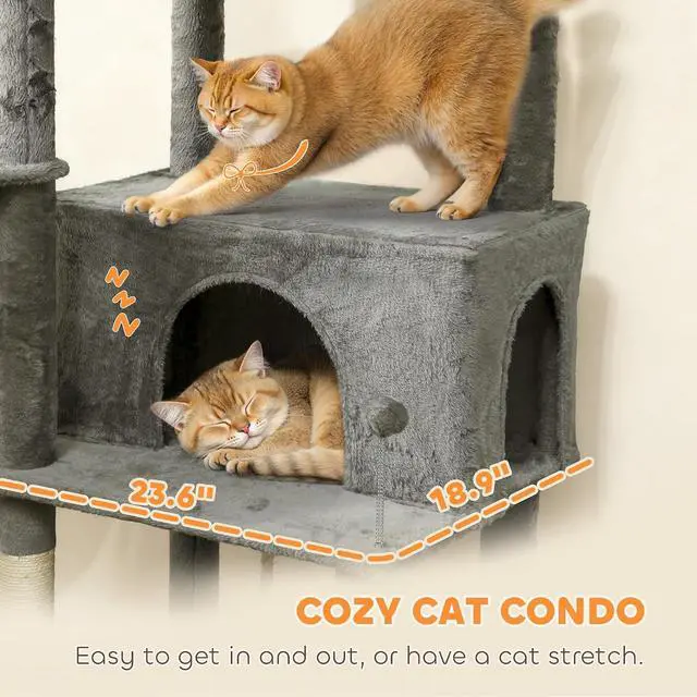 Alt view image 4 of 7 - PawHut Cat Tree 80" Large Cat Tower, Indoor Kittens Dark Gray | 2 Spacious Condos, Sisal Scratching Posts, 2 Hanging Balls, Comfy Hammock, Perches, Bed