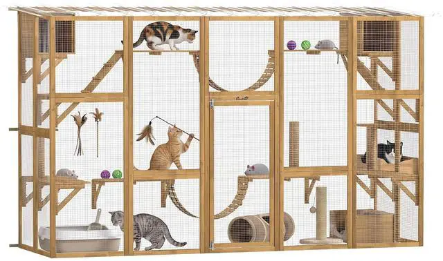 Main image of PawHut Catio Outdoor Cat Enclosure Window, 118" x 37.5" x 74", Yellow | Outdoor Cat House, Weather Protection Roof, for Multiple Kitties, Wooden Frame, Shelves & Bridges