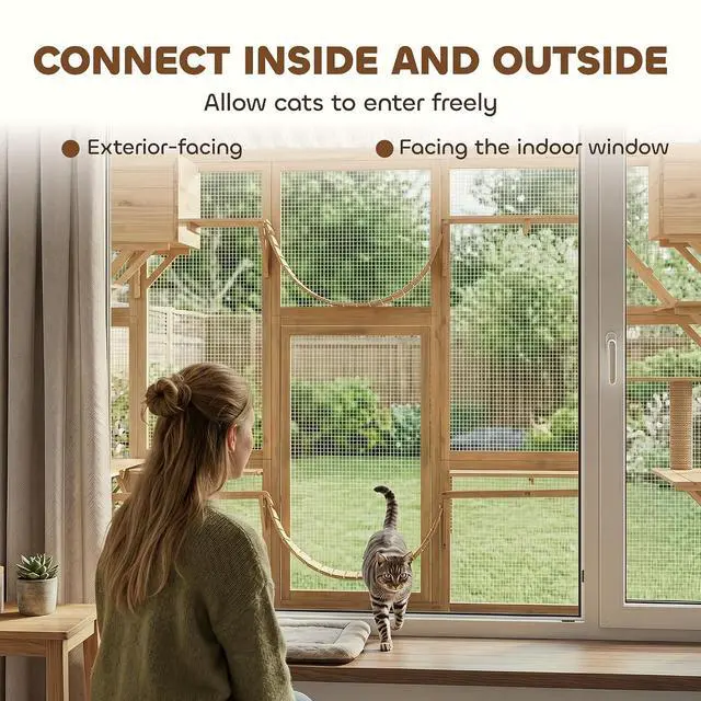 Alt view image 3 of 7 - PawHut Catio Outdoor Cat Enclosure Window, 118" x 37.5" x 74", Yellow | Outdoor Cat House, Weather Protection Roof, for Multiple Kitties, Wooden Frame, Shelves & Bridges