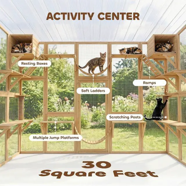 Alt view image 4 of 7 - PawHut Catio Outdoor Cat Enclosure Window, 118" x 37.5" x 74", Yellow | Outdoor Cat House, Weather Protection Roof, for Multiple Kitties, Wooden Frame, Shelves & Bridges