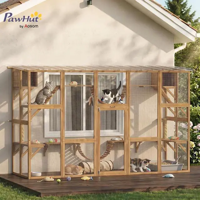 Alt view image 2 of 7 - PawHut Catio Outdoor Cat Enclosure Window, 118" x 37.5" x 74", Yellow | Outdoor Cat House, Weather Protection Roof, for Multiple Kitties, Wooden Frame, Shelves & Bridges