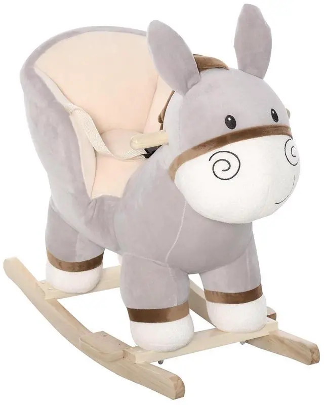 Main image of Qaba Kids Rocking Chair Plush Ride On with Sound for 18-36 Months Gray | Rocking Horse Donkey, Wood Base Seat, Safety Belt, Baby Toddler Rocker Toy