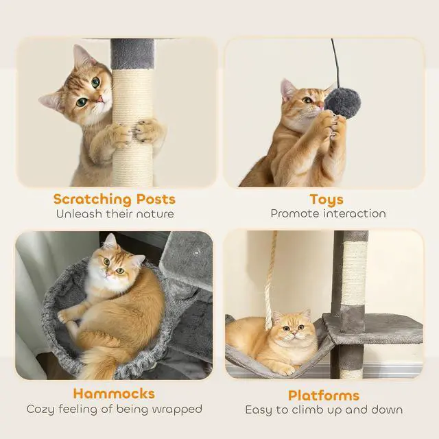 Alt view image 6 of 7 - PawHut Cat Tree 80" Large Cat Tower, Indoor Kittens Dark Gray | 2 Spacious Condos, Sisal Scratching Posts, 2 Hanging Balls, Comfy Hammock, Perches, Bed