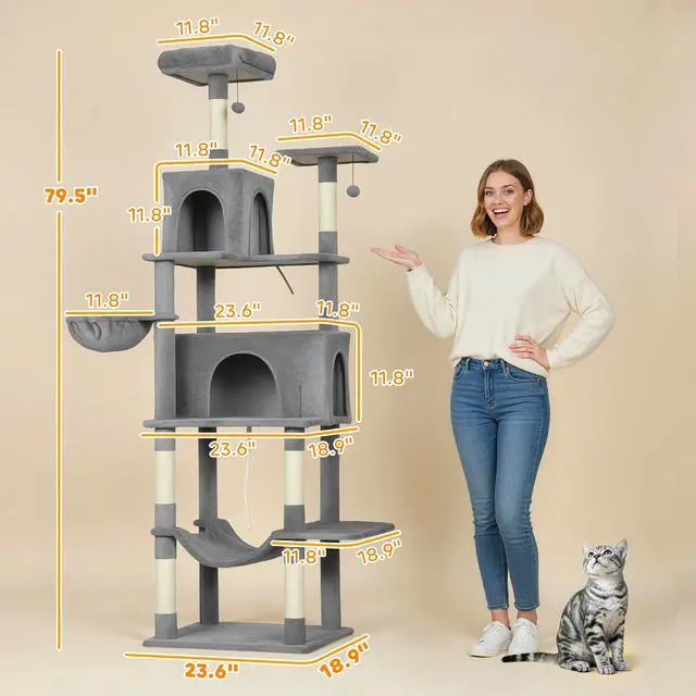 Alt view image 7 of 7 - PawHut Cat Tree 80" Large Cat Tower, Indoor Kittens Dark Gray | 2 Spacious Condos, Sisal Scratching Posts, 2 Hanging Balls, Comfy Hammock, Perches, Bed