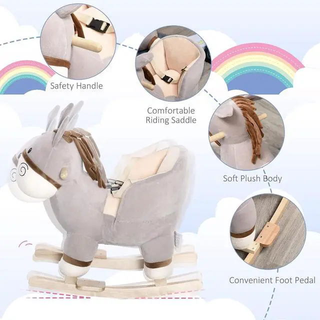 Alt view image 3 of 7 - Qaba Kids Rocking Chair Plush Ride On with Sound for 18-36 Months Gray | Rocking Horse Donkey, Wood Base Seat, Safety Belt, Baby Toddler Rocker Toy