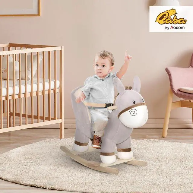 Alt view image 2 of 7 - Qaba Kids Rocking Chair Plush Ride On with Sound for 18-36 Months Gray | Rocking Horse Donkey, Wood Base Seat, Safety Belt, Baby Toddler Rocker Toy