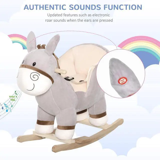 Alt view image 5 of 7 - Qaba Kids Rocking Chair Plush Ride On with Sound for 18-36 Months Gray | Rocking Horse Donkey, Wood Base Seat, Safety Belt, Baby Toddler Rocker Toy