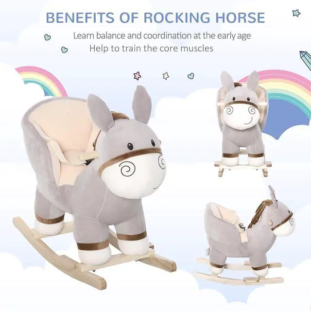 Alt view image 6 of 7 - Qaba Kids Rocking Chair Plush Ride On with Sound for 18-36 Months Gray | Rocking Horse Donkey, Wood Base Seat, Safety Belt, Baby Toddler Rocker Toy