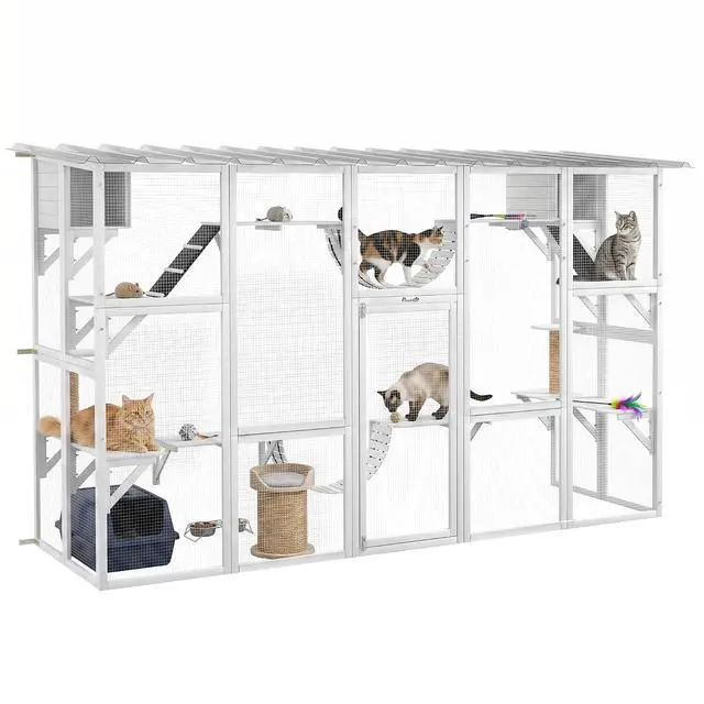 Main image of PawHut Catio Outdoor Cat Enclosure Window, 118" x 37.5" x 74", White | Outdoor Cat House, Weather Protection Roof, for Multiple Kitties, Wooden Frame, Shelves & Bridges