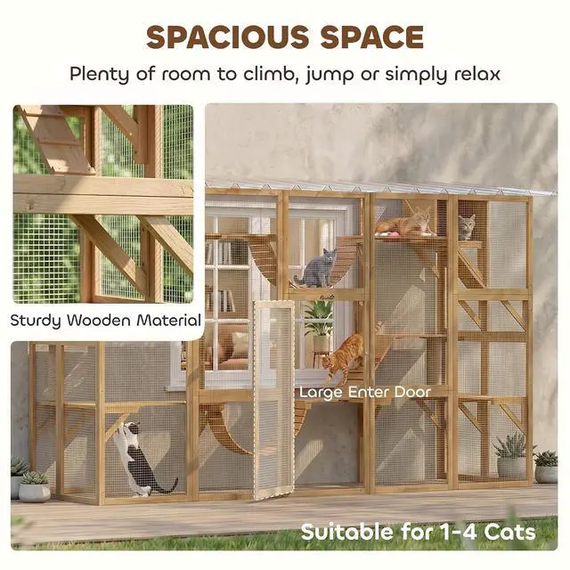 Alt view image 6 of 7 - PawHut Catio Outdoor Cat Enclosure Window, 118" x 37.5" x 74", Yellow | Outdoor Cat House, Weather Protection Roof, for Multiple Kitties, Wooden Frame, Shelves & Bridges