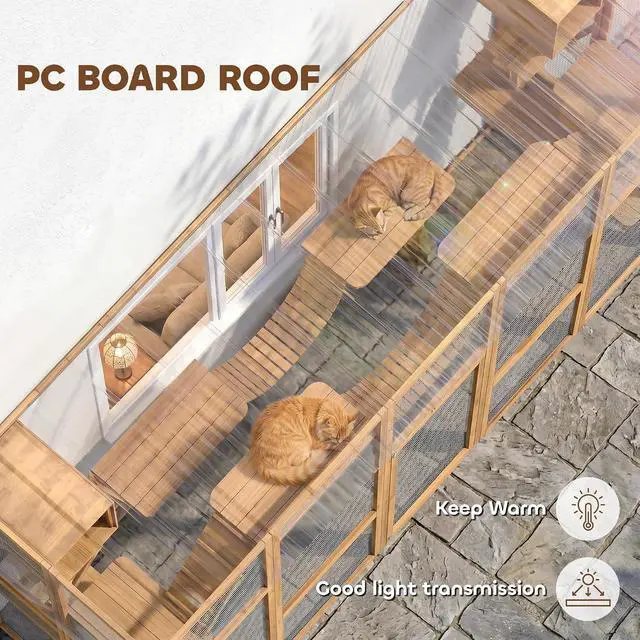Alt view image 5 of 7 - PawHut Catio Outdoor Cat Enclosure Window, 118" x 37.5" x 74", Yellow | Outdoor Cat House, Weather Protection Roof, for Multiple Kitties, Wooden Frame, Shelves & Bridges