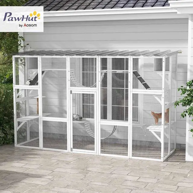 Alt view image 2 of 7 - PawHut Catio Outdoor Cat Enclosure Window, 118" x 37.5" x 74", White | Outdoor Cat House, Weather Protection Roof, for Multiple Kitties, Wooden Frame, Shelves & Bridges