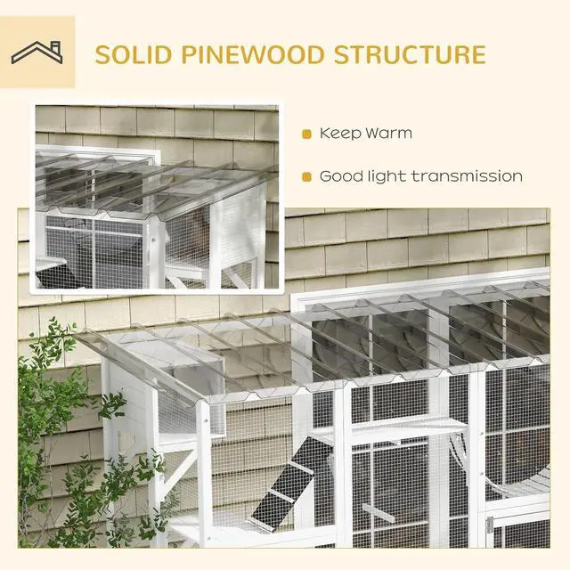 Alt view image 5 of 7 - PawHut Catio Outdoor Cat Enclosure Window, 118" x 37.5" x 74", White | Outdoor Cat House, Weather Protection Roof, for Multiple Kitties, Wooden Frame, Shelves & Bridges