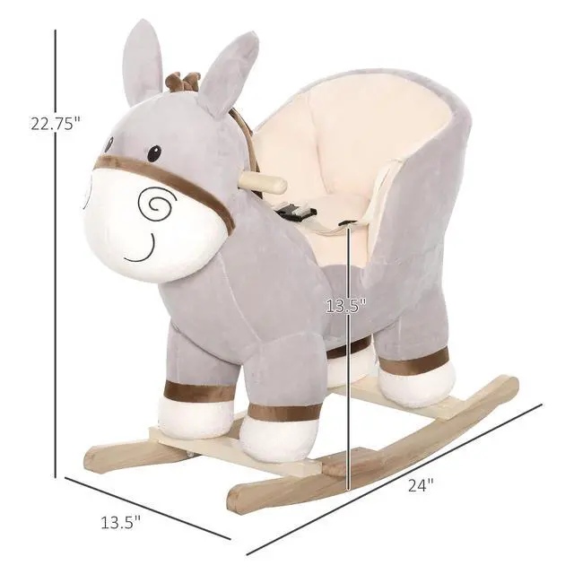 Alt view image 7 of 7 - Qaba Kids Rocking Chair Plush Ride On with Sound for 18-36 Months Gray | Rocking Horse Donkey, Wood Base Seat, Safety Belt, Baby Toddler Rocker Toy
