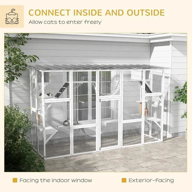 Alt view image 3 of 7 - PawHut Catio Outdoor Cat Enclosure Window, 118" x 37.5" x 74", White | Outdoor Cat House, Weather Protection Roof, for Multiple Kitties, Wooden Frame, Shelves & Bridges