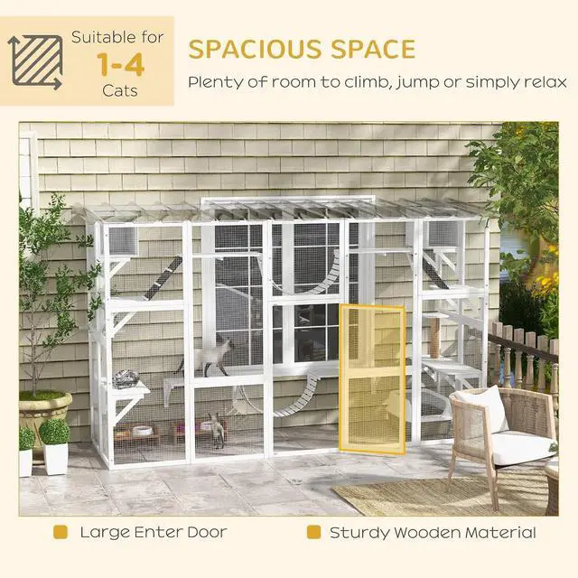 Alt view image 6 of 7 - PawHut Catio Outdoor Cat Enclosure Window, 118" x 37.5" x 74", White | Outdoor Cat House, Weather Protection Roof, for Multiple Kitties, Wooden Frame, Shelves & Bridges