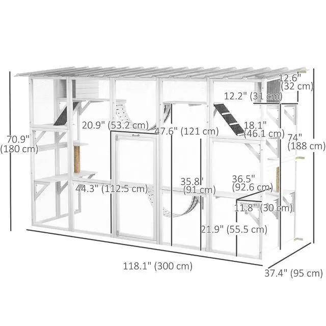 Alt view image 7 of 7 - PawHut Catio Outdoor Cat Enclosure Window, 118" x 37.5" x 74", White | Outdoor Cat House, Weather Protection Roof, for Multiple Kitties, Wooden Frame, Shelves & Bridges