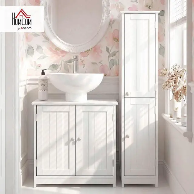 Alt view image 2 of 7 - kleankin 23.5" Pedestal Sink Storage Cabinet with Adjustable Shelf White | Freestanding Bathroom Under Sink Cabinet, U-Shape Cut-Out