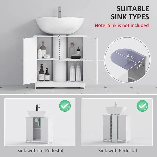 Alt view image 4 of 7 - kleankin 23.5" Pedestal Sink Storage Cabinet with Adjustable Shelf White | Freestanding Bathroom Under Sink Cabinet, U-Shape Cut-Out