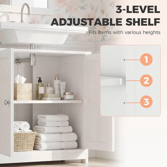 Alt view image 7 of 7 - kleankin 23.5" Pedestal Sink Storage Cabinet with Adjustable Shelf White | Freestanding Bathroom Under Sink Cabinet, U-Shape Cut-Out