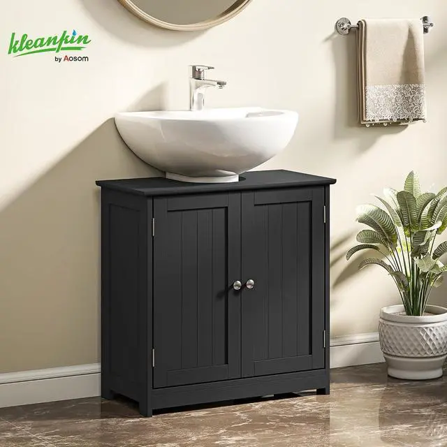 Alt view image 2 of 7 - kleankin 23.5" Pedestal Sink Storage Cabinet U-Shape Cut-Out Black | Freestanding Bathroom Under Sink Cabinet, Adjustable Shelf