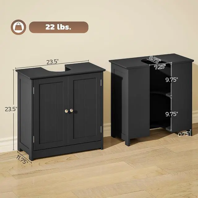 Alt view image 3 of 7 - kleankin 23.5" Pedestal Sink Storage Cabinet U-Shape Cut-Out Black | Freestanding Bathroom Under Sink Cabinet, Adjustable Shelf