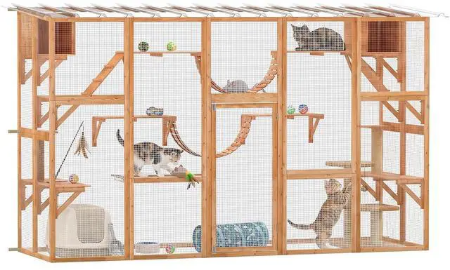 Main image of PawHut Catio Outdoor Cat Enclosure Window, 118" x 37.5" x 74", Orange | Outdoor Cat House, Weather Protection Roof, for Multiple Kitties, Wooden Frame, Shelves & Bridges