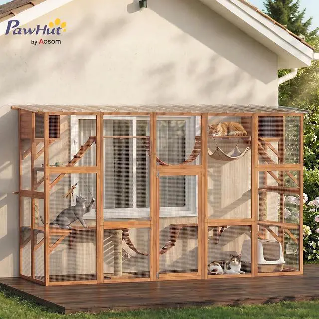 Alt view image 2 of 7 - PawHut Catio Outdoor Cat Enclosure Window, 118" x 37.5" x 74", Orange | Outdoor Cat House, Weather Protection Roof, for Multiple Kitties, Wooden Frame, Shelves & Bridges