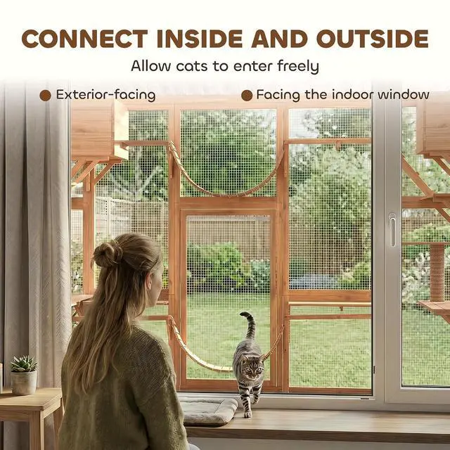 Alt view image 3 of 7 - PawHut Catio Outdoor Cat Enclosure Window, 118" x 37.5" x 74", Orange | Outdoor Cat House, Weather Protection Roof, for Multiple Kitties, Wooden Frame, Shelves & Bridges