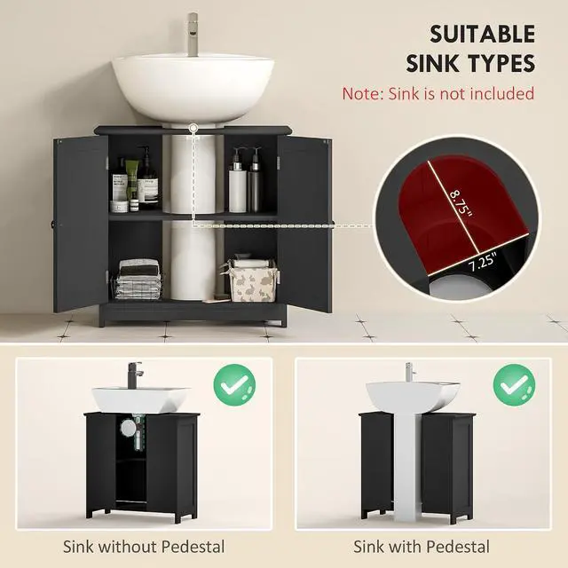 Alt view image 4 of 7 - kleankin 23.5" Pedestal Sink Storage Cabinet U-Shape Cut-Out Black | Freestanding Bathroom Under Sink Cabinet, Adjustable Shelf