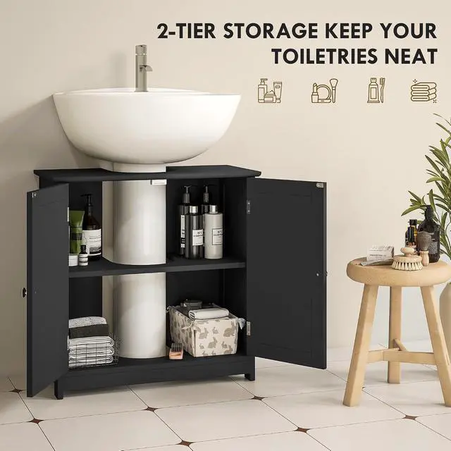 Alt view image 5 of 7 - kleankin 23.5" Pedestal Sink Storage Cabinet U-Shape Cut-Out Black | Freestanding Bathroom Under Sink Cabinet, Adjustable Shelf