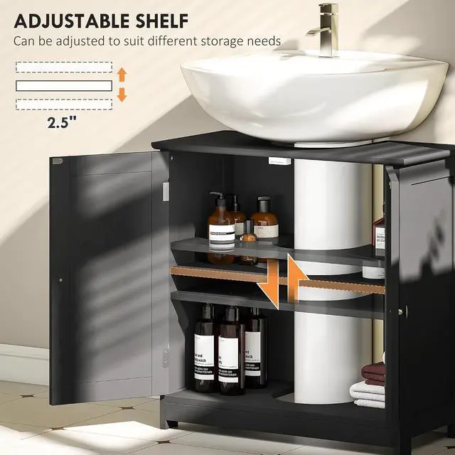 Alt view image 6 of 7 - kleankin 23.5" Pedestal Sink Storage Cabinet U-Shape Cut-Out Black | Freestanding Bathroom Under Sink Cabinet, Adjustable Shelf