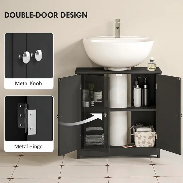Alt view image 7 of 7 - kleankin 23.5" Pedestal Sink Storage Cabinet U-Shape Cut-Out Black | Freestanding Bathroom Under Sink Cabinet, Adjustable Shelf