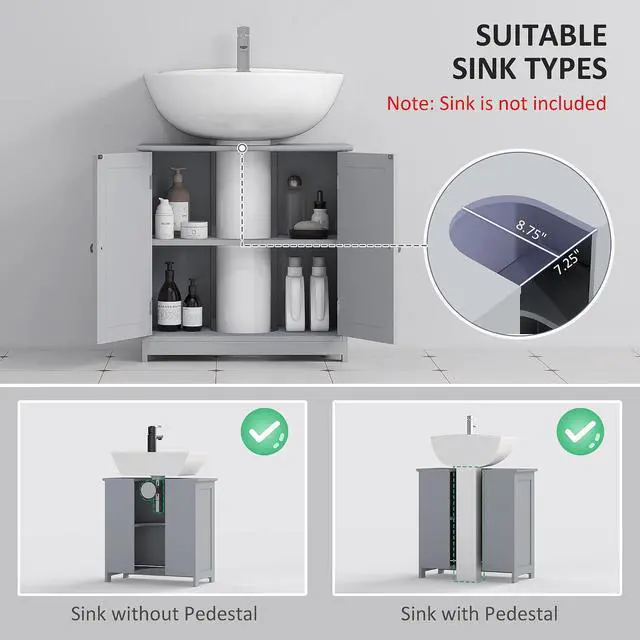 Alt view image 4 of 7 - kleankin 23.5" Pedestal Sink Storage Cabinet U-Shape Cut-Out Gray | Freestanding Bathroom Under Sink Cabinet, Adjustable Shelf
