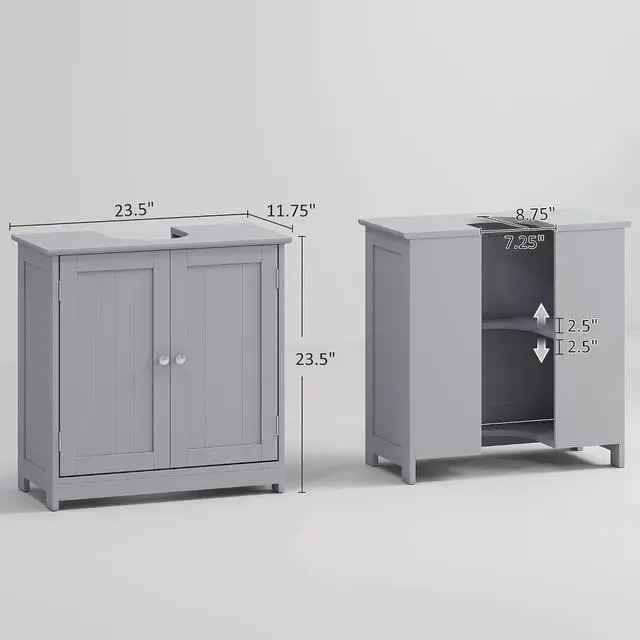 Alt view image 3 of 7 - kleankin 23.5" Pedestal Sink Storage Cabinet U-Shape Cut-Out Gray | Freestanding Bathroom Under Sink Cabinet, Adjustable Shelf