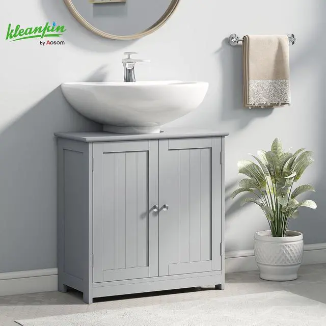 Alt view image 2 of 7 - kleankin 23.5" Pedestal Sink Storage Cabinet U-Shape Cut-Out Gray | Freestanding Bathroom Under Sink Cabinet, Adjustable Shelf