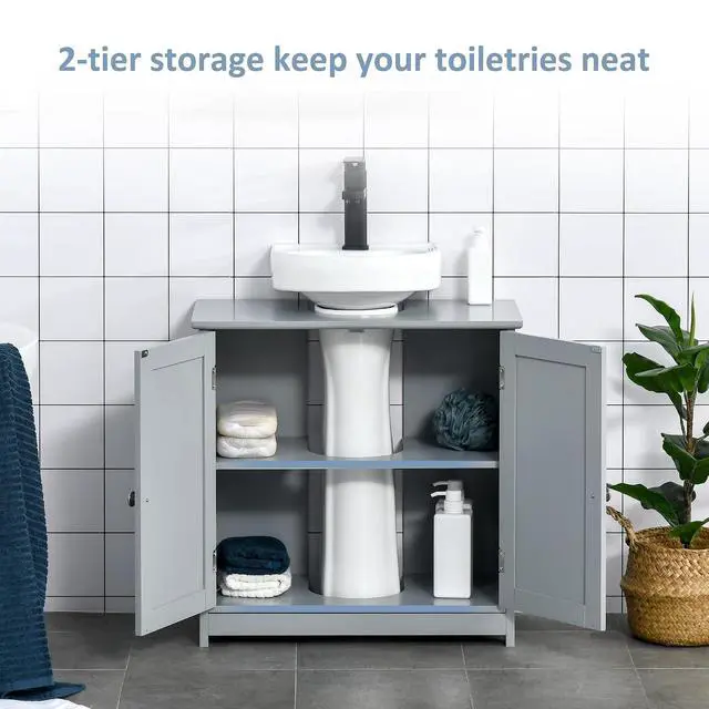 Alt view image 5 of 7 - kleankin 23.5" Pedestal Sink Storage Cabinet U-Shape Cut-Out Gray | Freestanding Bathroom Under Sink Cabinet, Adjustable Shelf
